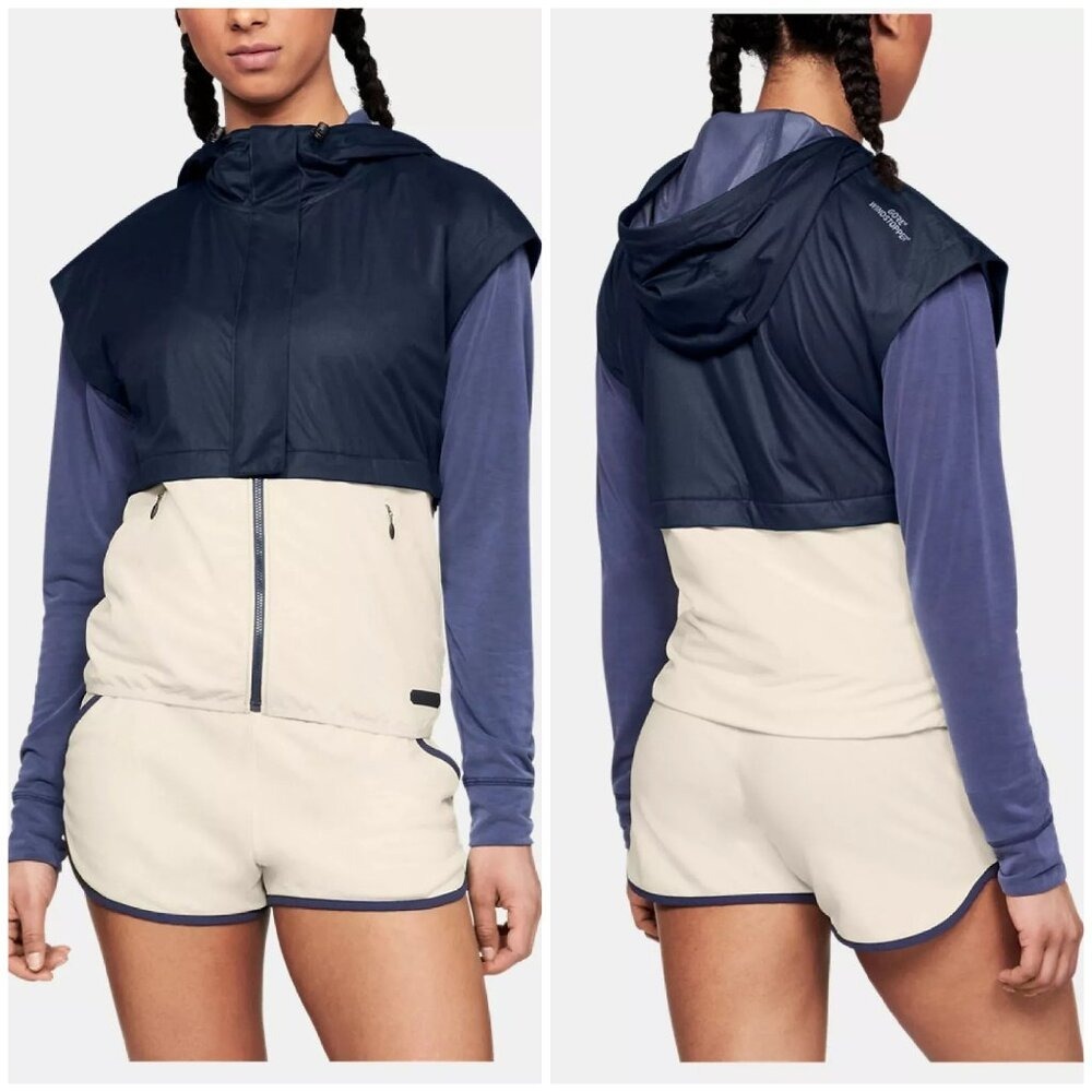 Under Armour Gore‎ Windstopper Vest Womens Large Navy Cream Hooded Zip 1324193 L